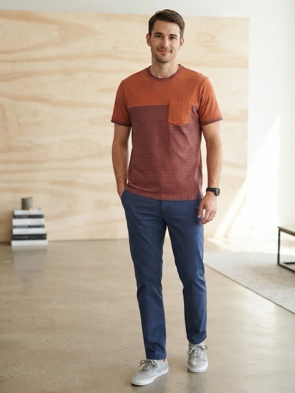 ⁠Perry Ellis Men's Striped Pocket T-Shirt Terracotta Navy Blue Size S⁠